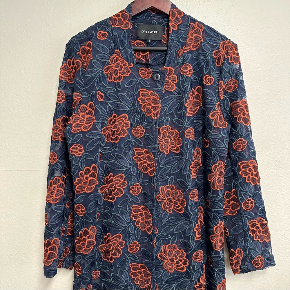 Driftwood Long Sheer Cardigan Sz S Embroidered Floral Blue/rust Boho Festival